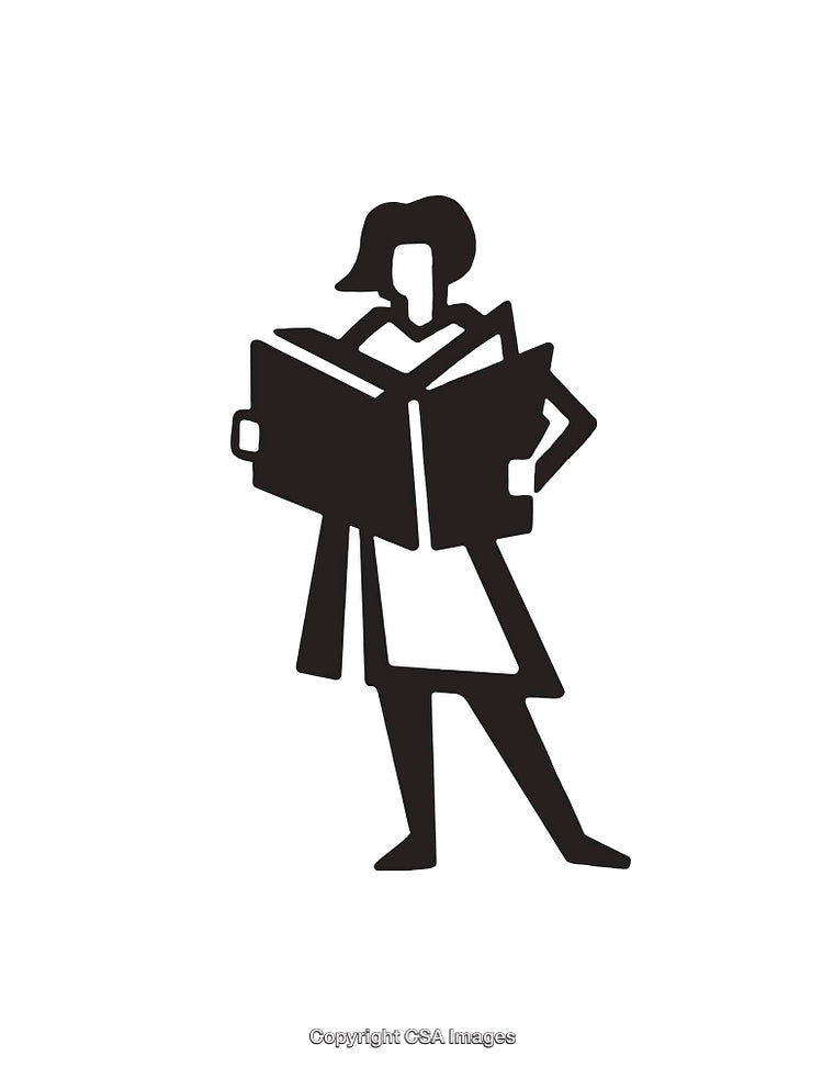 Black and White Illustration of a Person Standing and Reading a Book