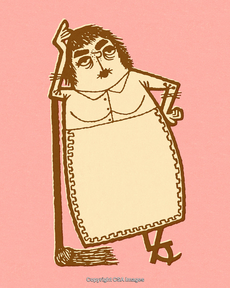 Humorous Illustration of a Woman Leaning on a Broom in Cartoon Style