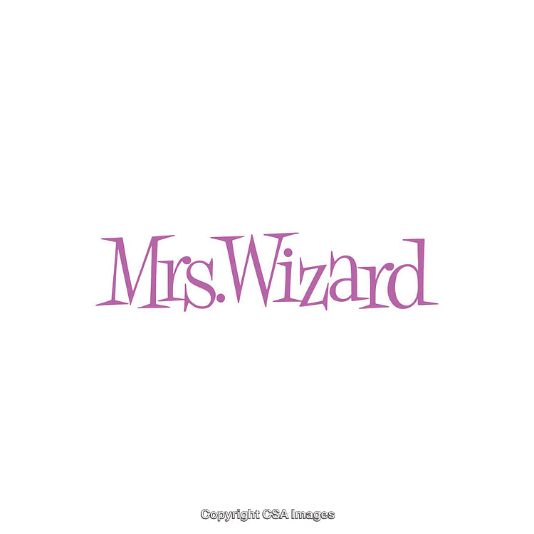 Purple Curved Typography of Mrs. Wizard on White Background