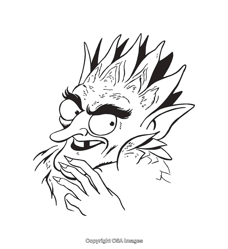 Monochrome Illustration of a Mischievous Goblin with Intriguing Expression