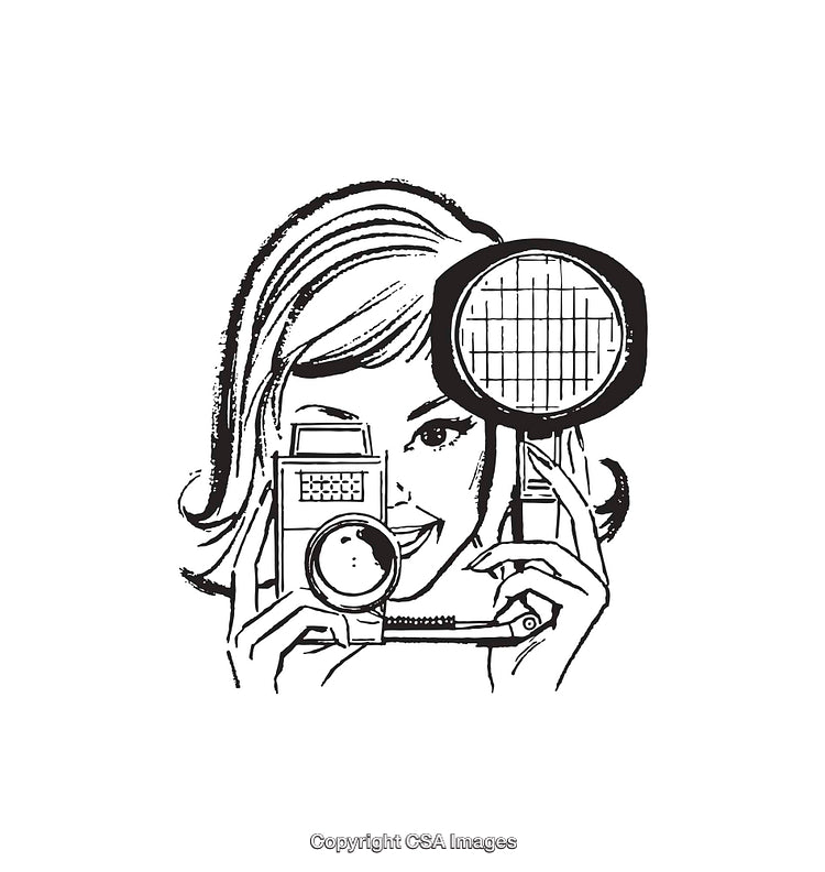 Retro Line Art of a Smiling Woman Holding a Vintage Camera