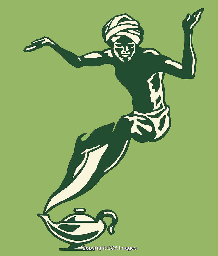 Illustration of a Genie Emerging from a Magic Lamp in Green Tones