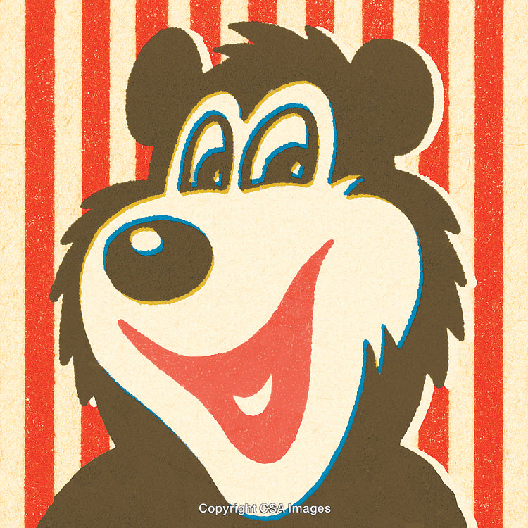 Cheerful Cartoon Bear on a Vintage Red-And-White Striped Background