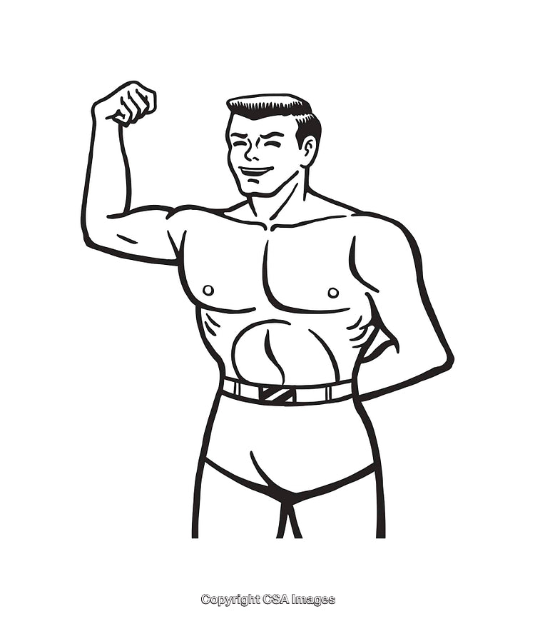 Strong Man Flexing Muscles in Black and White Line Art