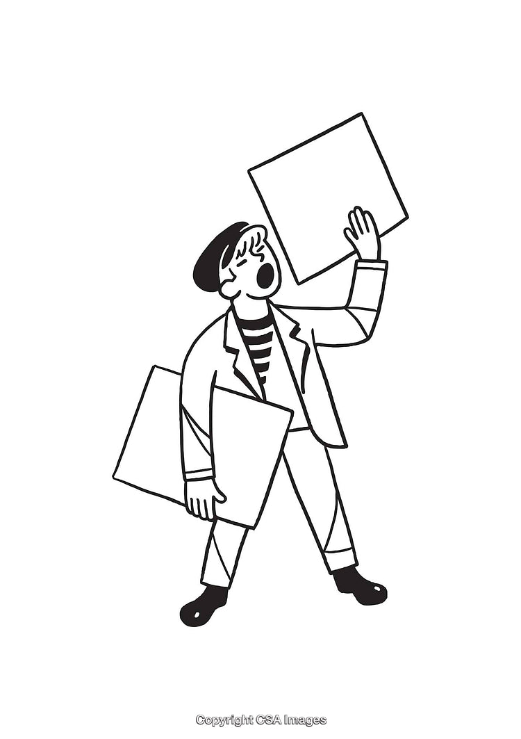 Line Art Illustration of a Performer Holding Frames in Monochrome Style