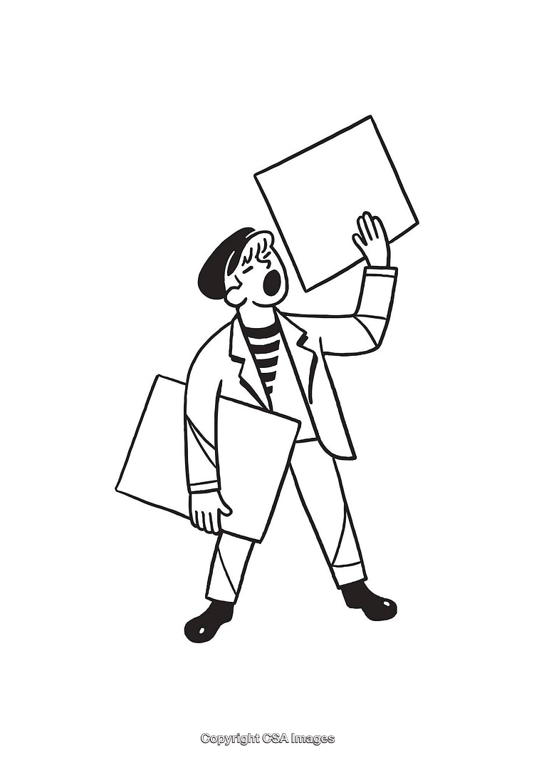Line Art Illustration of a Performer Holding Frames in Monochrome Style