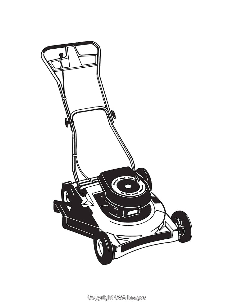 Black and White Line Art of a Modern Lawn Mower on White Background