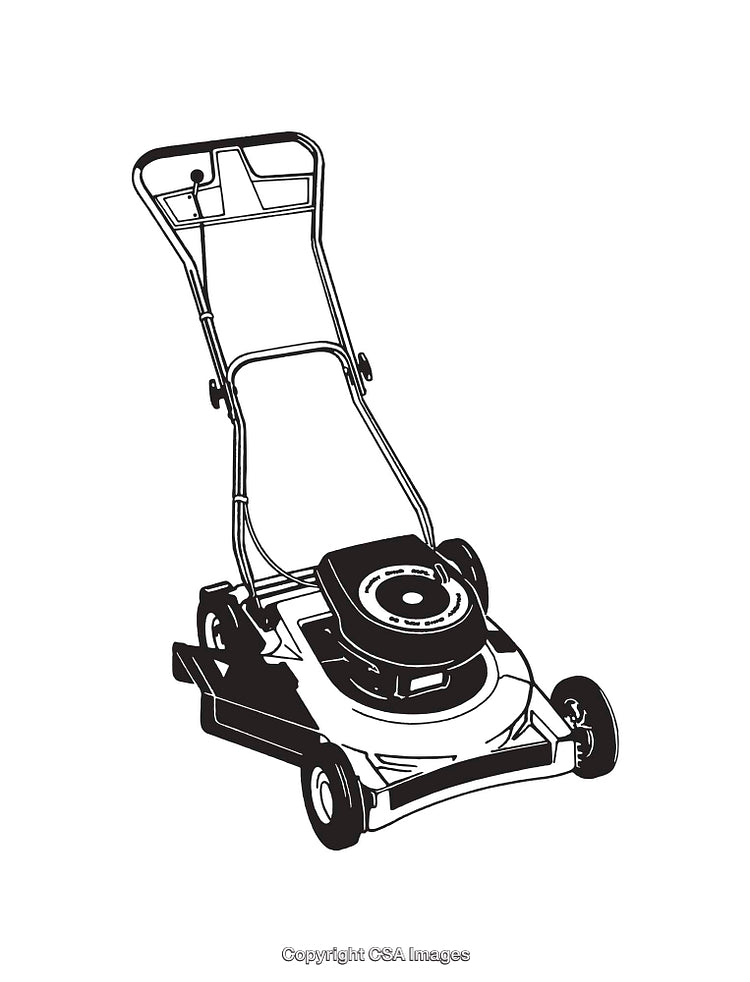 Black and White Line Art of a Modern Lawn Mower on White Background
