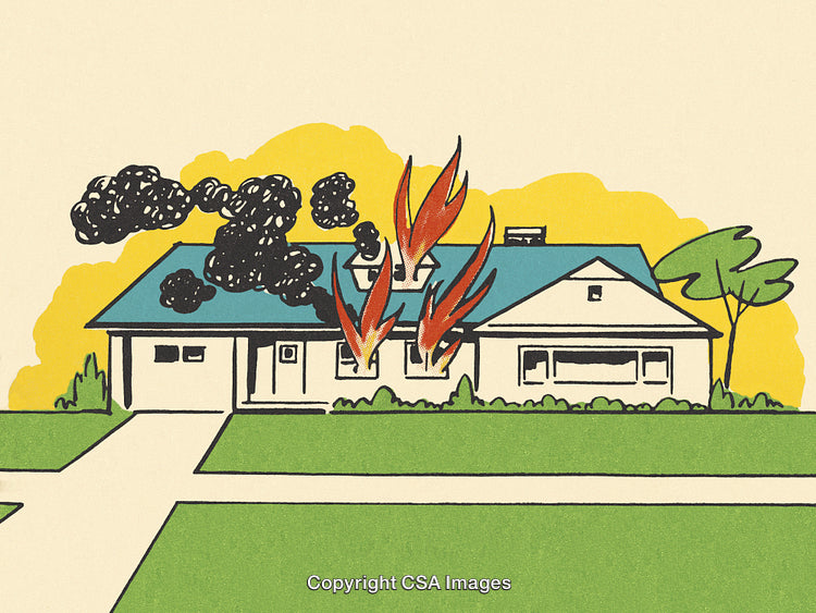 Retro Illustration of a House on Fire with Dramatic Effects