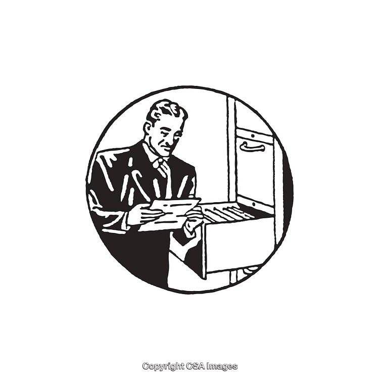 Retro Black and White Illustration of a Man Filing Documents