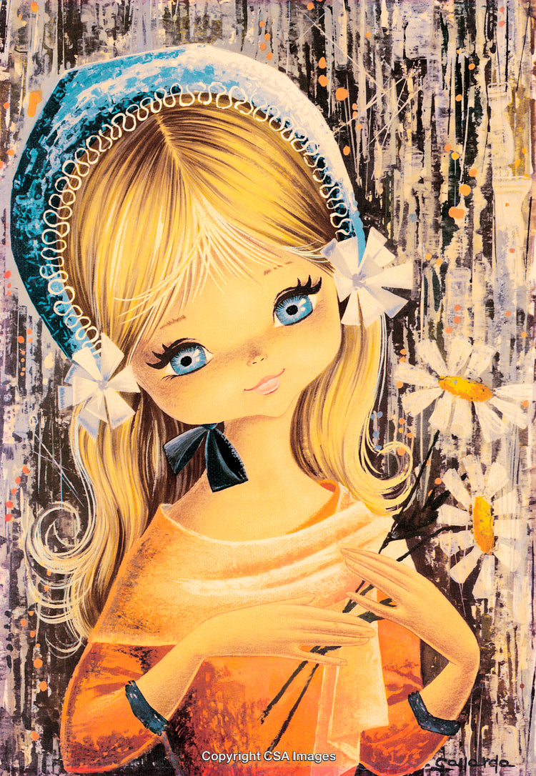 Stylized Illustration of a Girl Holding Daisies with a Vibrant Artistic Background