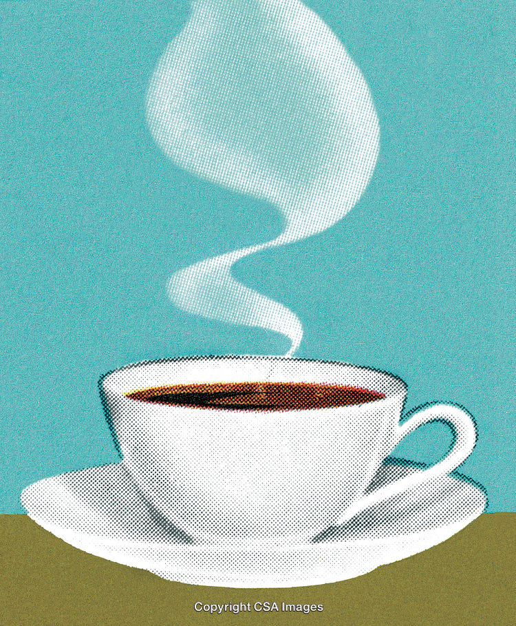 Steaming Cup of Coffee With Retro Halftone Effect and Turquoise Background