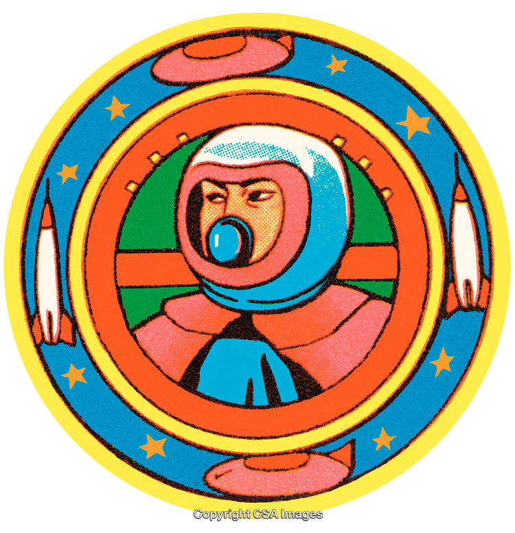 Retro Futuristic Illustration of an Astronaut in Space with Rockets and Stars