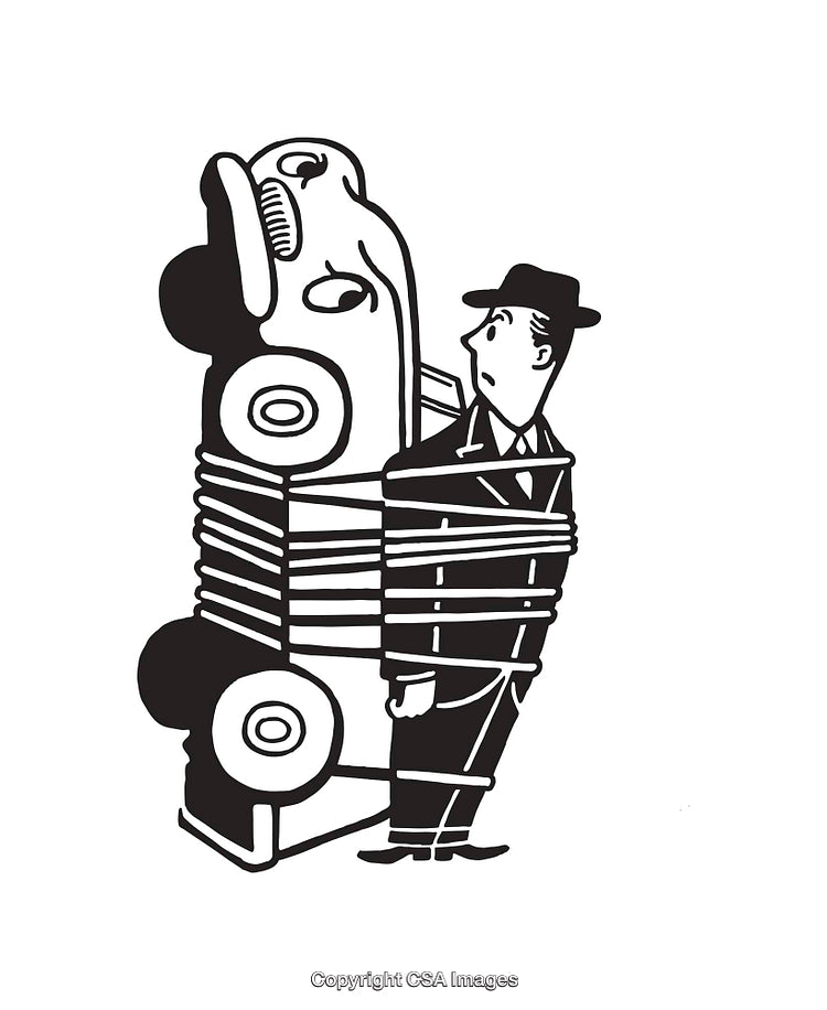 Illustration of a Man Bound to an Upright Car in a Unique Scene