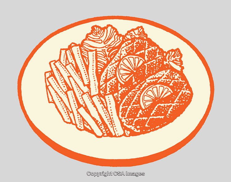 Color Line Art Illustration of a Meal Dish with Garnish and Fries