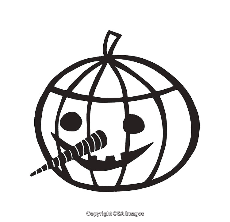 Black and White Line Art of a Halloween-Themed Pumpkin