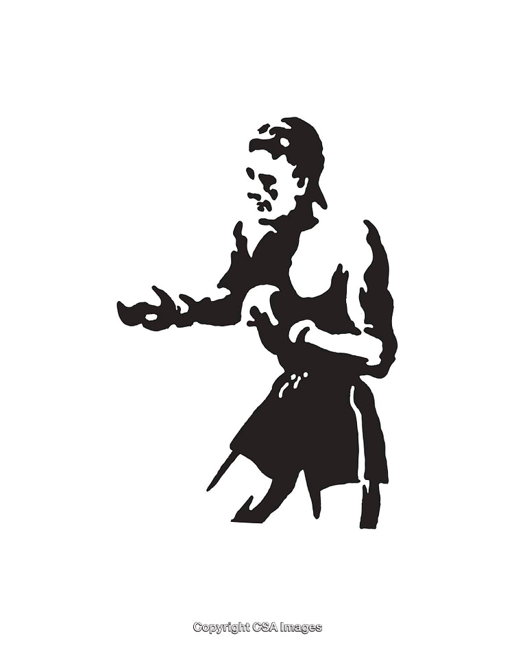 Black and White Line Art Depicting a Historical Figure in Motion