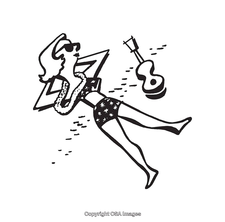 Black and White Illustration of a Relaxing Figure with Beach Guitar