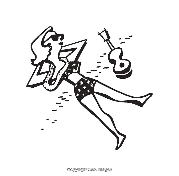 Black and White Illustration of a Relaxing Figure with Beach Guitar