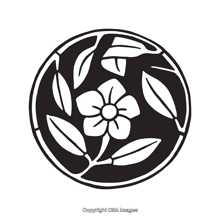 Black and White Line Art Flower Emblem with Leaves