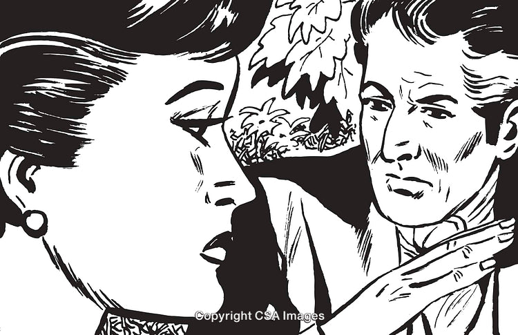 Vintage-Style Black and White Illustration of a Man and Woman in Conversation