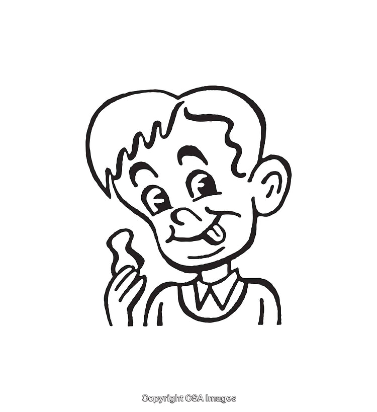 Black and White Line Art of a Boy Eating a Snack
