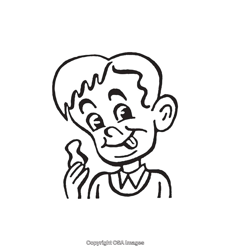 Black and White Line Art of a Boy Eating a Snack