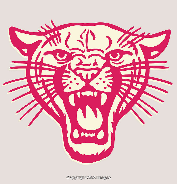 Pink Line Art of a Roaring Panther Face in Retro Style