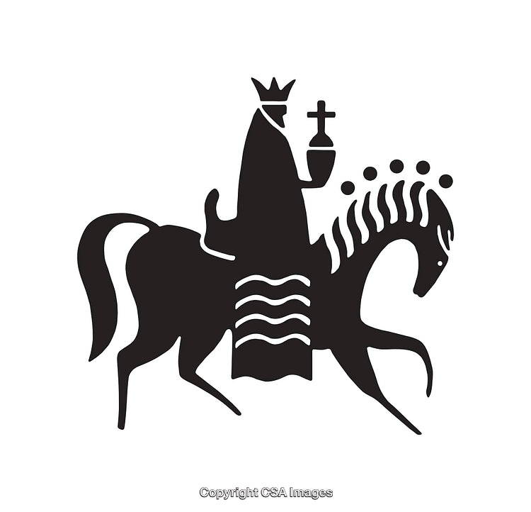 Black and White Line Art of a Royal Figure on a Horse