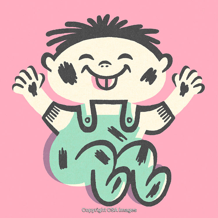 Smiling Cartoon Child in Overalls on a Pink Background