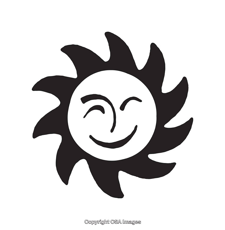 Smiling Sun Line Art With Radiating Rays in Black and White