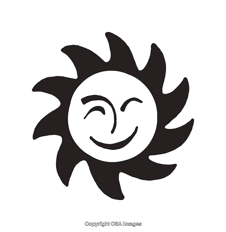 Smiling Sun Line Art With Radiating Rays in Black and White