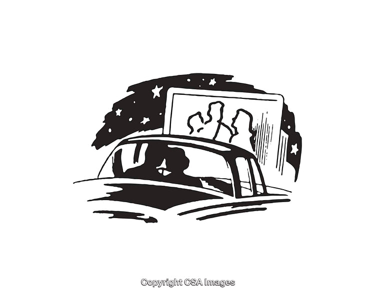 Black and White Illustration of a Romantic Drive-In Movie Scene