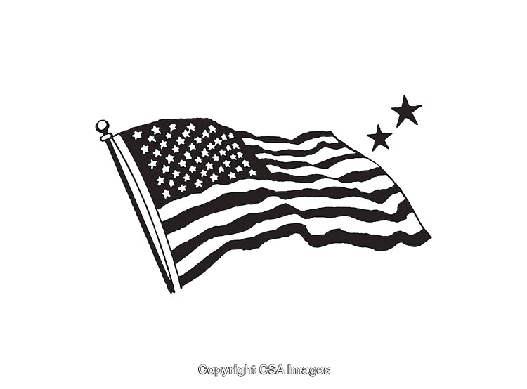 Black and White Illustration of the United States Flag and Stars
