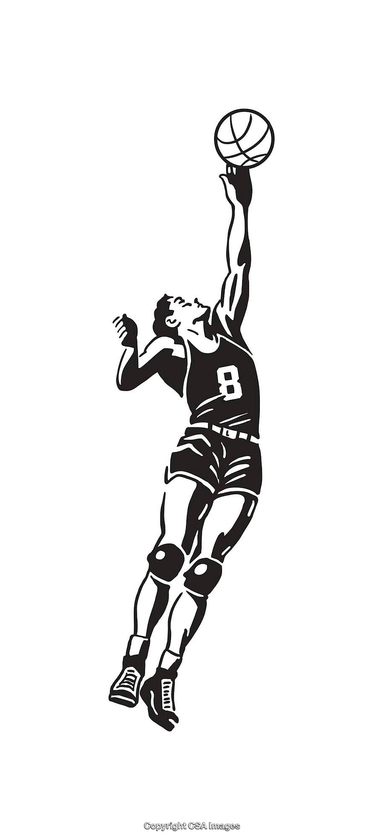 Black and White Line Art Illustration of Basketball Player Reaching for a Dunk