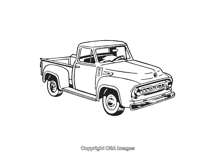 Vintage Pickup Truck Black and White Line Art Illustration