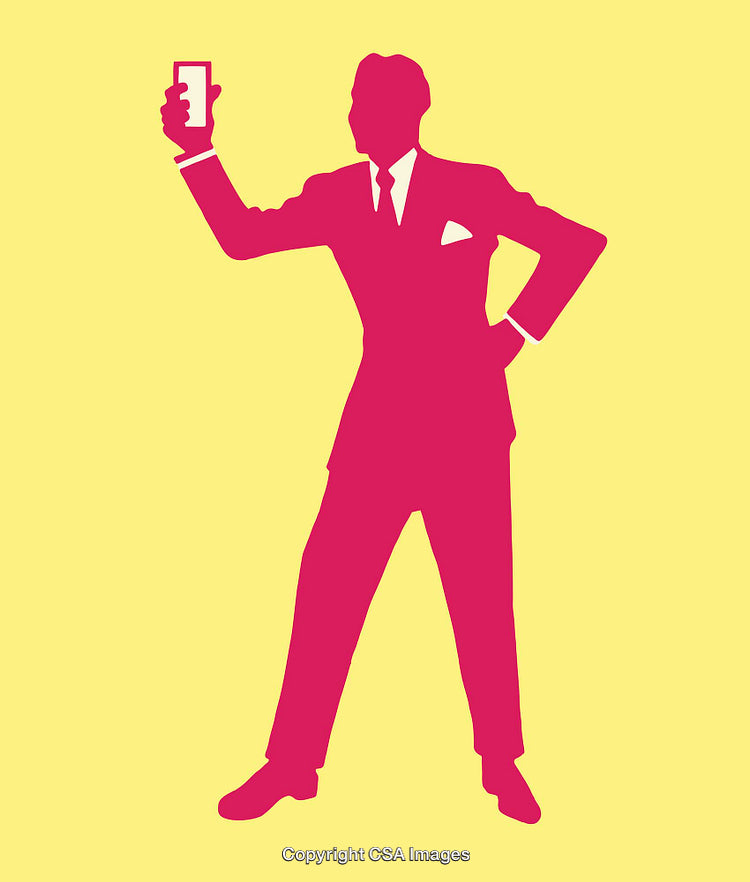 Silhouette of a Businessman Taking a Selfie on Solid Yellow Background