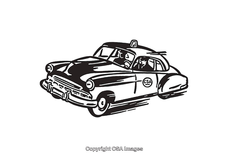Black and White Line Illustration of a Vintage Taxi Vehicle