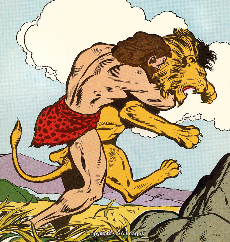 Illustrated Scene of a Hero Battling a Lion in a Vibrant Comic Style