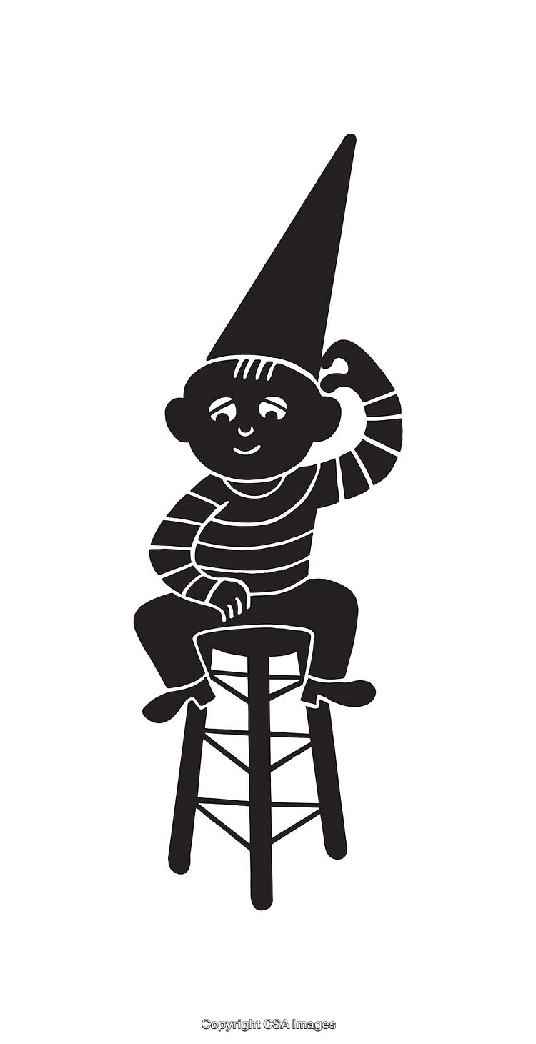 Whimsical Black-and-White Illustration of a Cartoon Character Sitting on a Stool