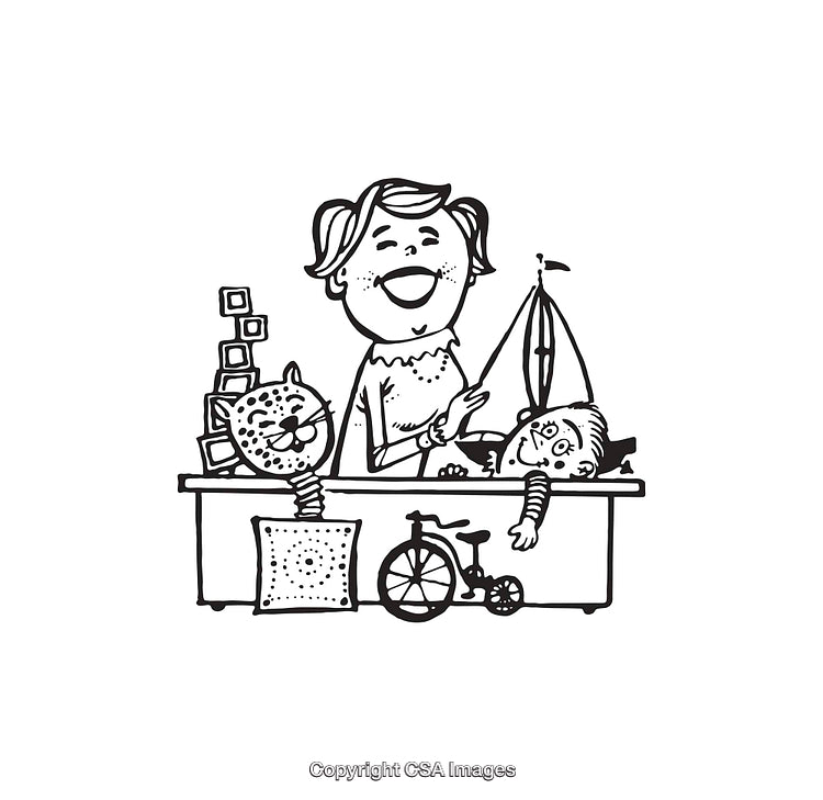 Black and White Line Art of Family and Playful Toys
