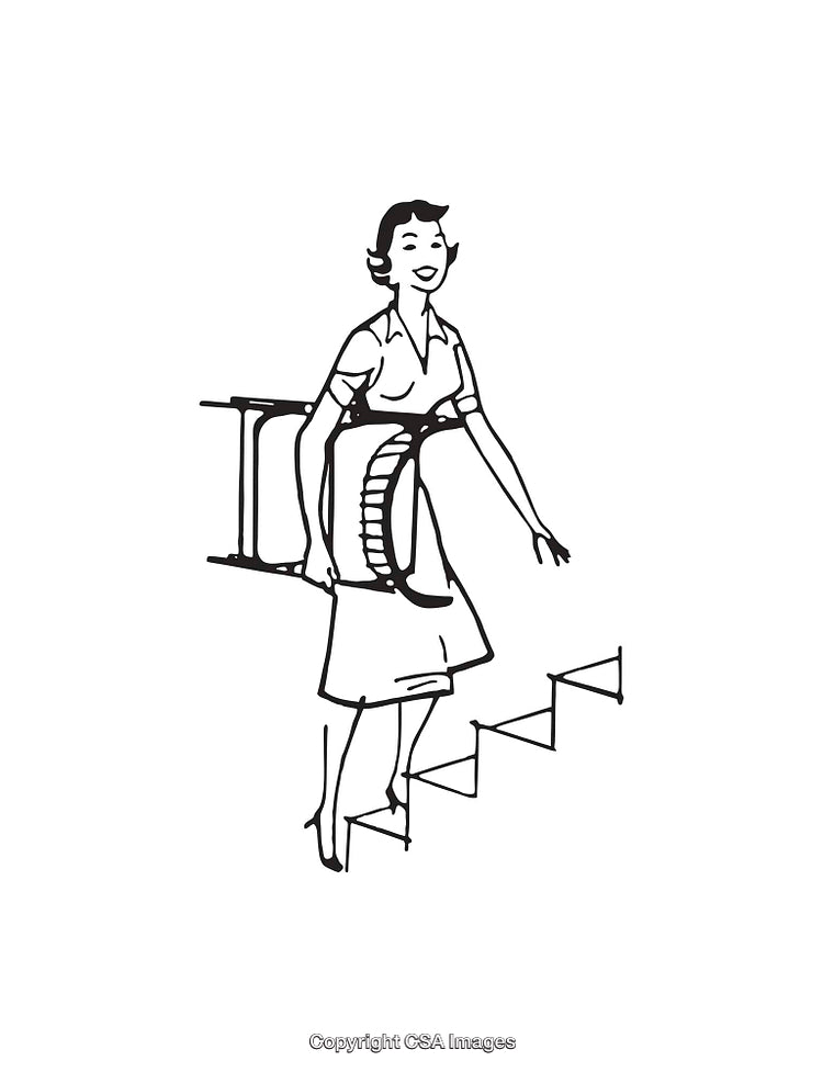 Retro Line Art Illustration of a Woman Climbing Stairs with a Ladder