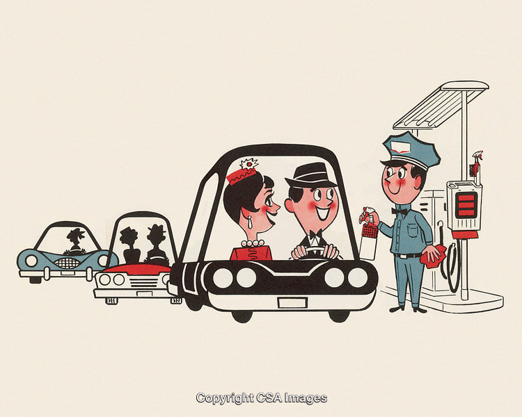 Retro Cartoon of Car Owners at Gas Station Receiving Service