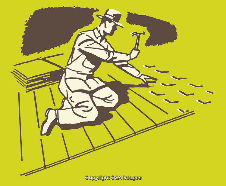 Worker Installing Roofing Shingles with Hammer on Yellow Background Line Art