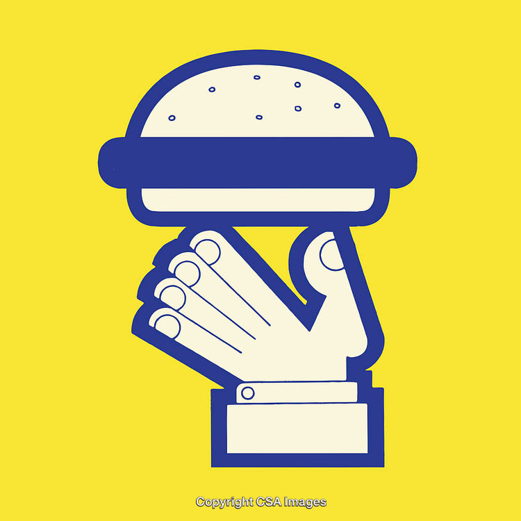 Minimalist Illustration of a Hand Holding a Burger on Yellow Background