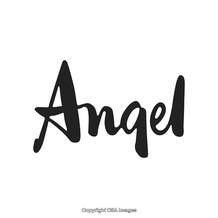 Stylish Handwritten Script Spelling Angel with Black Lettering on White