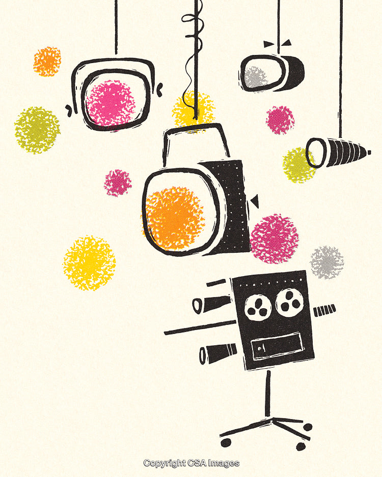 Retro Abstract Composition of Hanging Objects with Vibrant Colored Accents