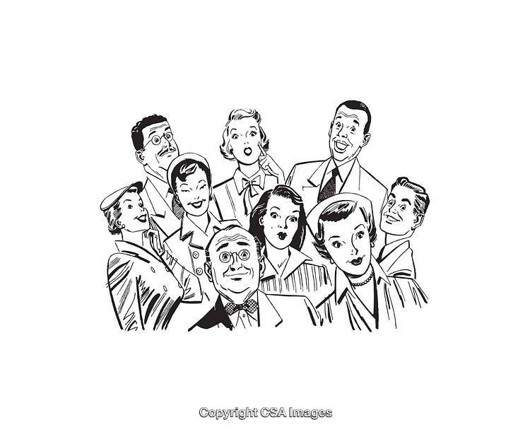 Group of Retro People in Cheerful Black and White Line Art