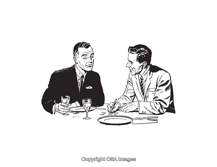 Illustration of Two Men in Formal Attire Engaged in Conversation