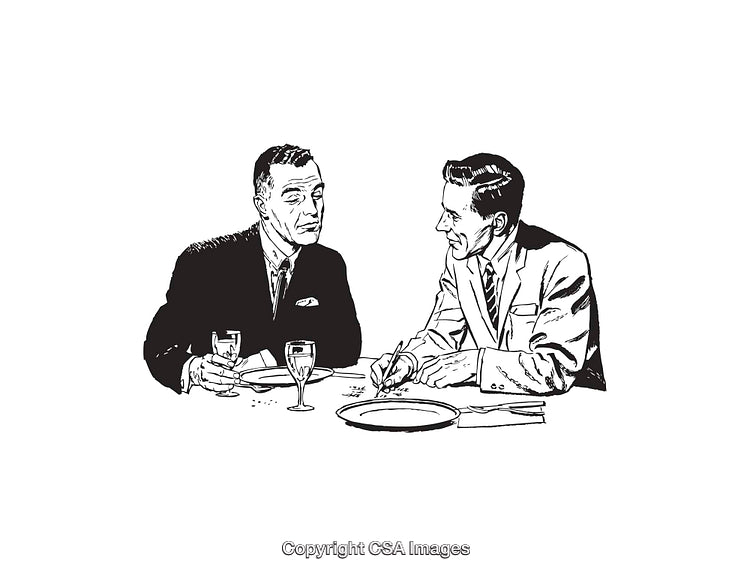 Illustration of Two Men in Formal Attire Engaged in Conversation